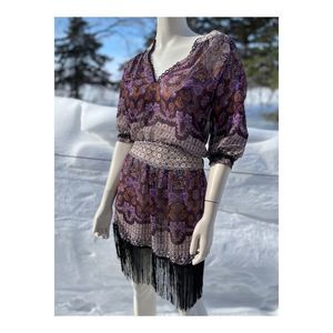 Bluecrush BOHO Tunic Dress Drop Waist Fringe Sheer Mix Print 3/4 Sleeve Purple
